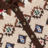 Ralph Lauren Polo Wool Shawl Collar Cardigan in cream wool and cashmere, featuring a brown shawl collar, a multi-colored geometric Fair Isle pattern, and brown front buttons.