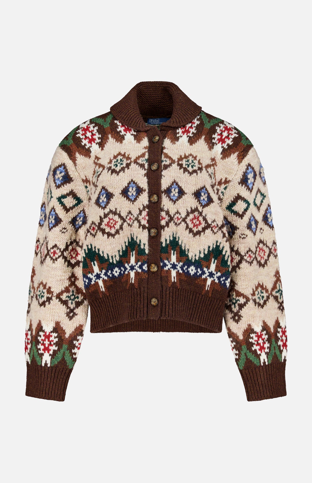 Ralph Lauren Polo Wool Shawl Collar Cardigan featuring a button-down front and a geometric Fair Isle pattern in tan, brown, green, red, and blue.