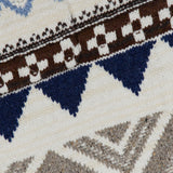 Close-up of a Wool Shawl Collar Duster Sweater by Ralph Lauren Polo, featuring a geometric knit design with a cream base and patterns in brown, navy blue, and light blue.