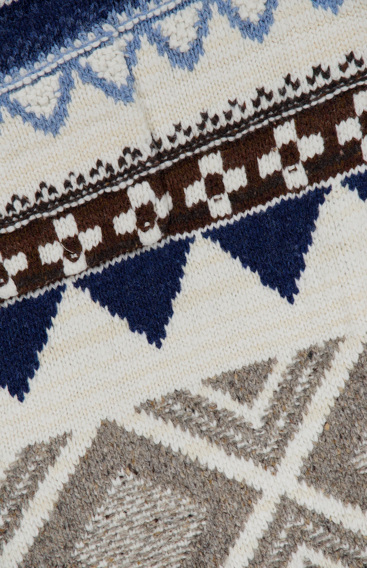 Close-up of a Wool Shawl Collar Duster Sweater by Ralph Lauren Polo, featuring a geometric knit design with a cream base and patterns in brown, navy blue, and light blue.