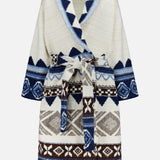 Cream-colored Ralph Lauren Polo Wool Shawl Collar Duster sweater featuring a multi-colored geometric fair isle pattern, a matching tie belt at the waist, and a geometric knit construction.