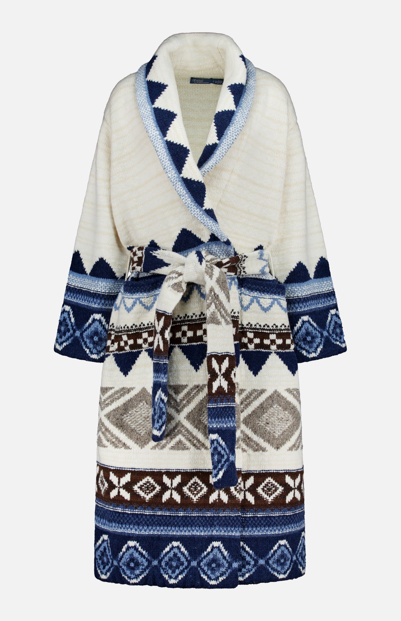 Cream-colored Ralph Lauren Polo Wool Shawl Collar Duster sweater featuring a multi-colored geometric fair isle pattern, a matching tie belt at the waist, and a geometric knit construction.