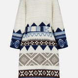Back view of a Ralph Lauren Polo Wool Shawl Collar Duster Sweater featuring a long-length geometric knit, shawl collar, tie belt, and a pattern in cream, navy, and brown.