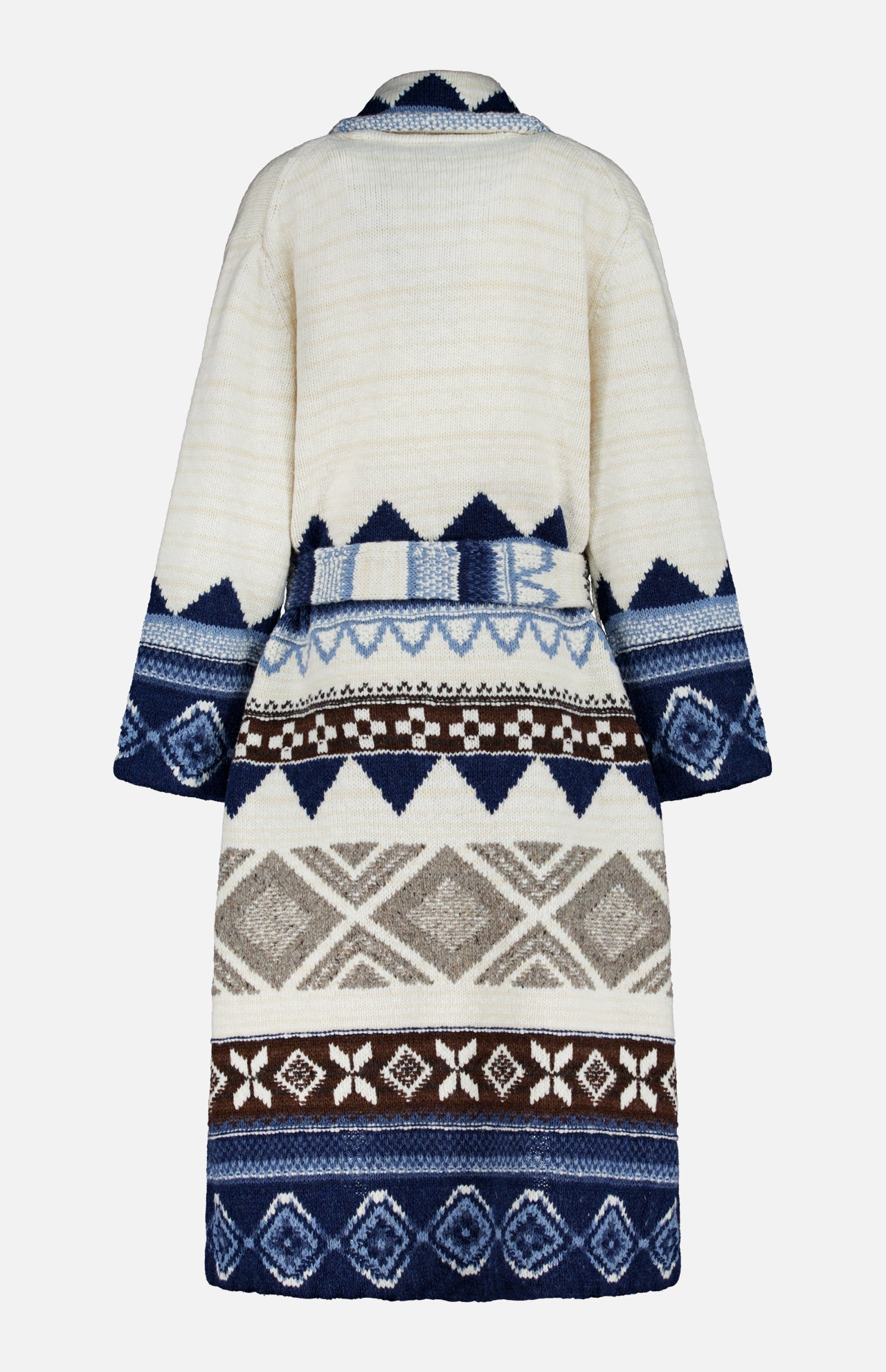 Back view of a Ralph Lauren Polo Wool Shawl Collar Duster Sweater featuring a long-length geometric knit, shawl collar, tie belt, and a pattern in cream, navy, and brown.