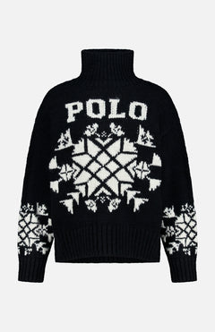 Black chunky knit Wool Turtleneck Sweater by Ralph Lauren Polo featuring white snowflake patterns and the word POLO across the chest.