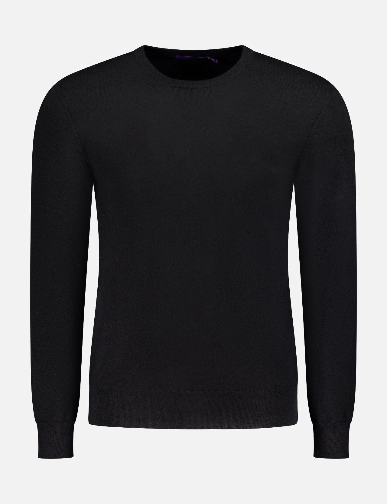 The RALPH LAUREN PURPLE LABEL 18GG Cashmere Sweater is a plain black, Italian-made crew neck with long sleeves, shown on a white background.