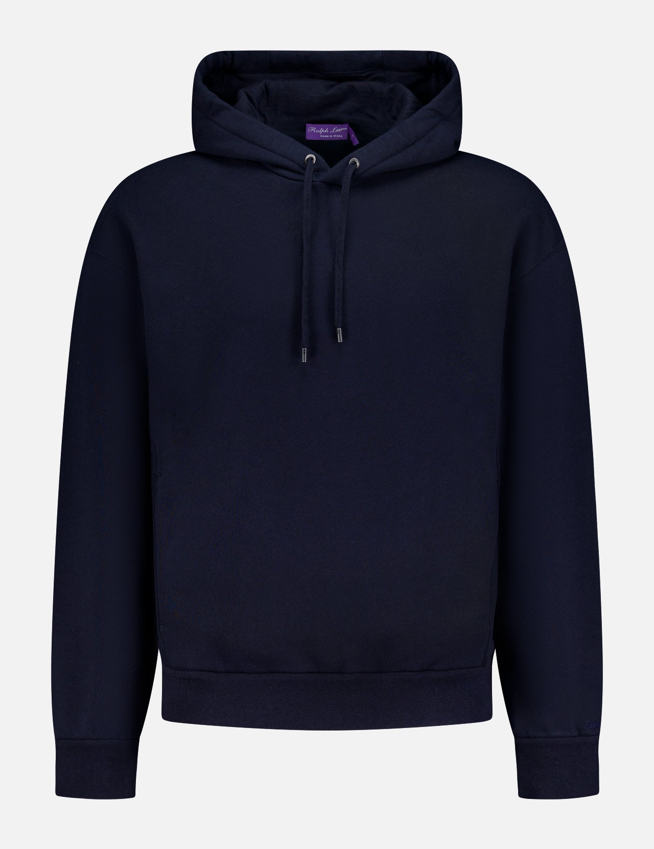 The RALPH LAUREN PURPLE LABEL Cotton Cashmere Long Sleeve Hoodie Pullover features a plain dark navy design with a front pocket, drawstring hood, ribbed cuffs and hem, and is displayed against a light background.
