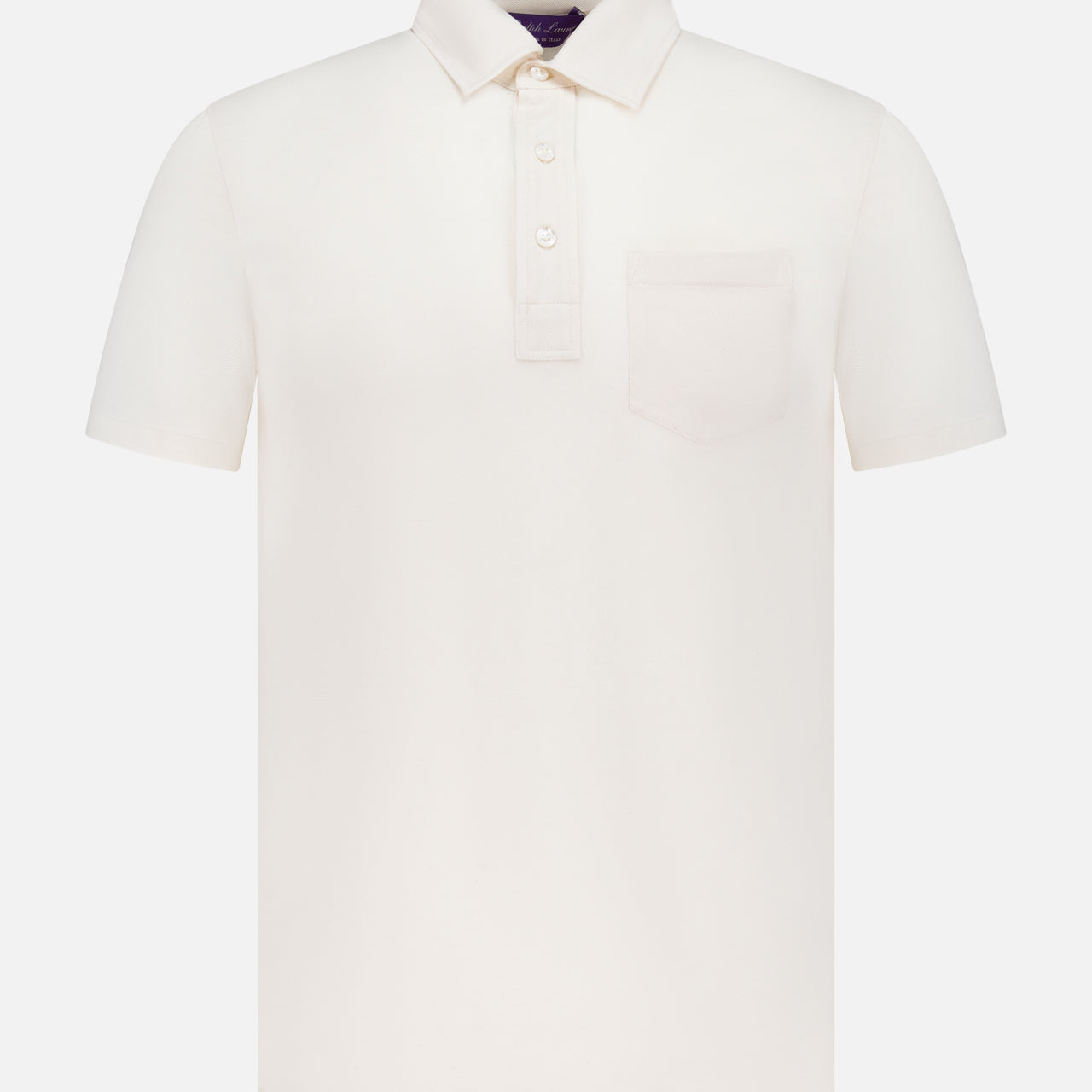 The RALPH LAUREN PURPLE LABEL Cotton Cashmere Pique Short Sleeve Polo Shirt features a collar, three Mother of Pearl buttons, chest pocket, and is shown in off-white on a white background.