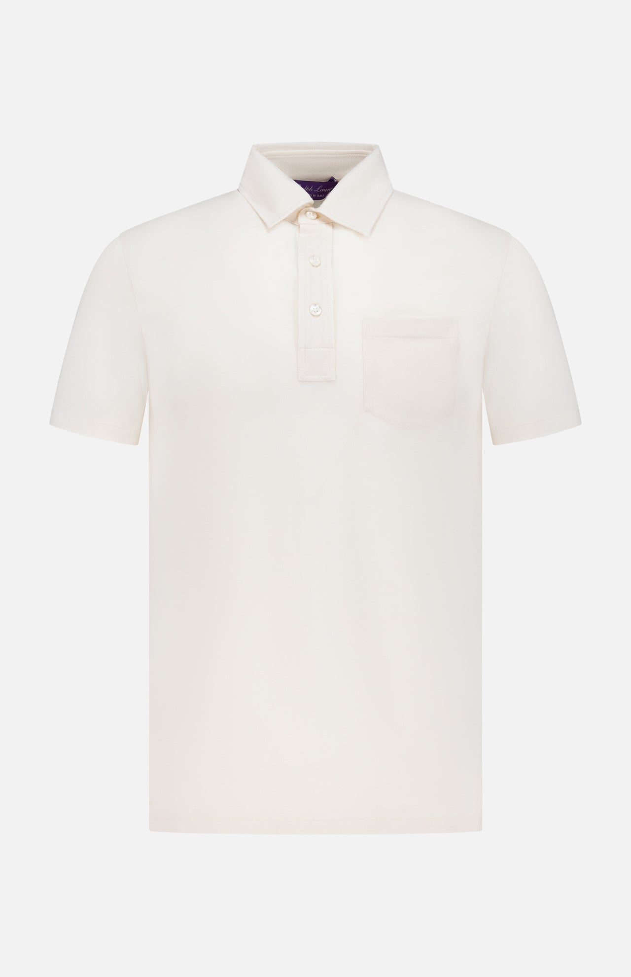 The RALPH LAUREN PURPLE LABEL Cotton Cashmere Pique Short Sleeve Polo Shirt features a collar, three Mother of Pearl buttons, chest pocket, and is shown in off-white on a white background.