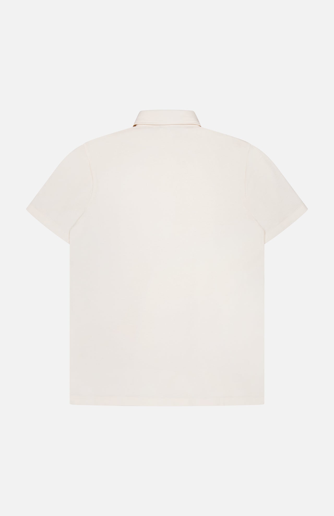 Back view of the RALPH LAUREN PURPLE LABEL Cotton Cashmere Pique Short Sleeve Polo Shirt in off-white, featuring Mother of Pearl buttons, laid flat on a white background.