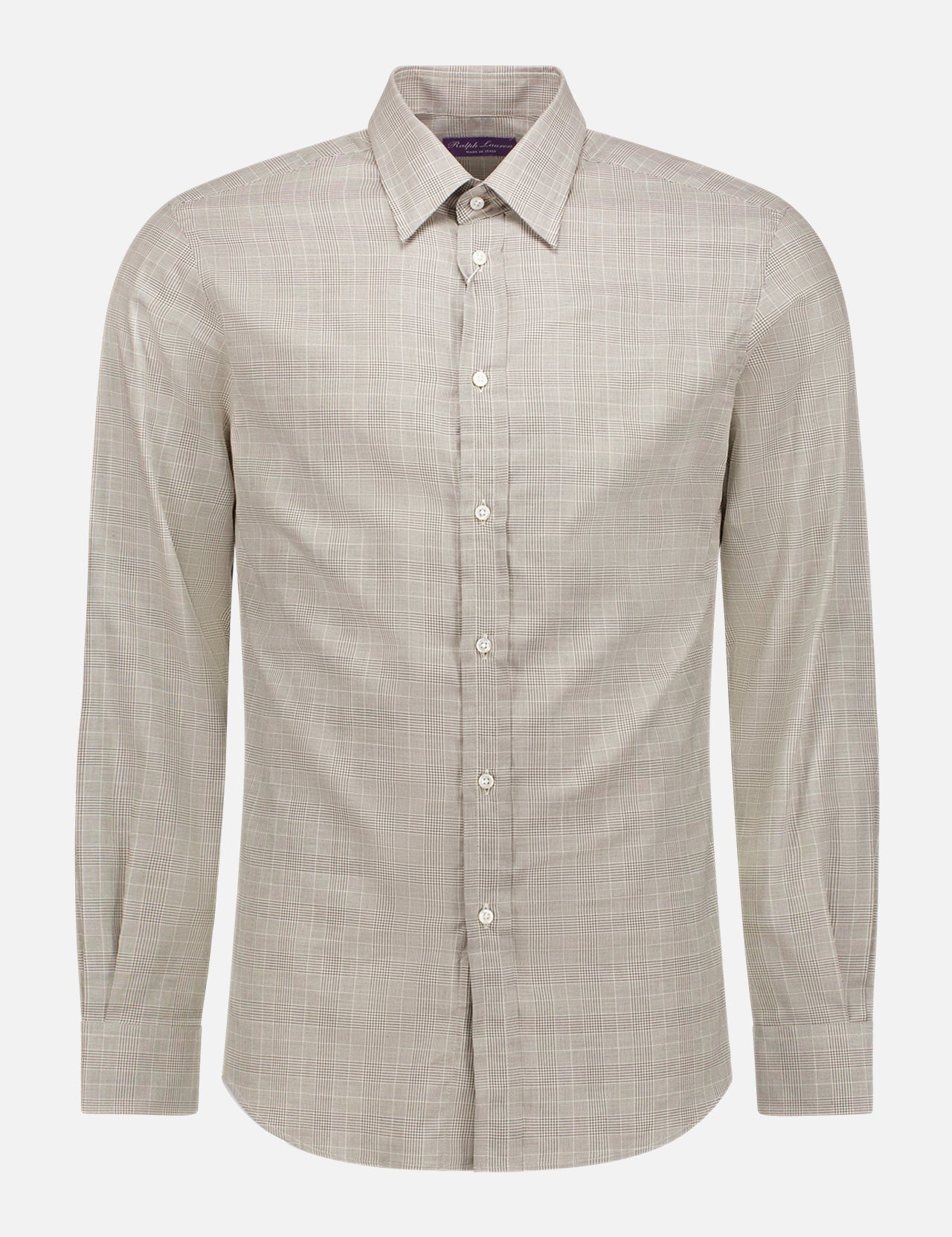 The RALPH LAUREN PURPLE LABEL Cotton Glen Check Long Sleeve Sport Shirt features a light beige glen check pattern, pointed collar, and buttoned cuffs, shown on a plain white background.