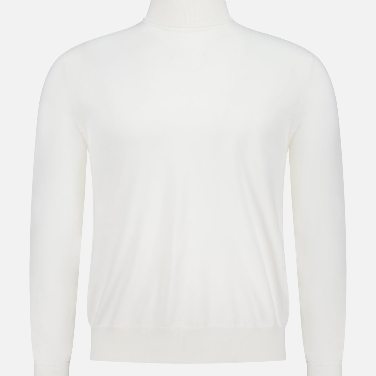 The Cotton Jersey Turtleneck Sweater by RALPH LAUREN PURPLE LABEL is a plain white long-sleeve cotton jersey with a fitted neckline, ribbed cuffs and hem, shown on a white background.