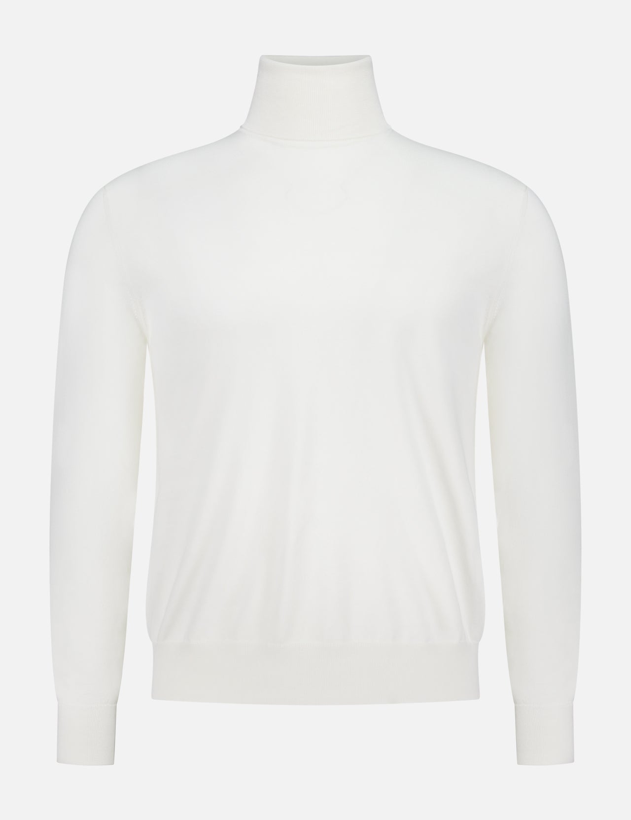The Cotton Jersey Turtleneck Sweater by RALPH LAUREN PURPLE LABEL is a plain white long-sleeve cotton jersey with a fitted neckline, ribbed cuffs and hem, shown on a white background.