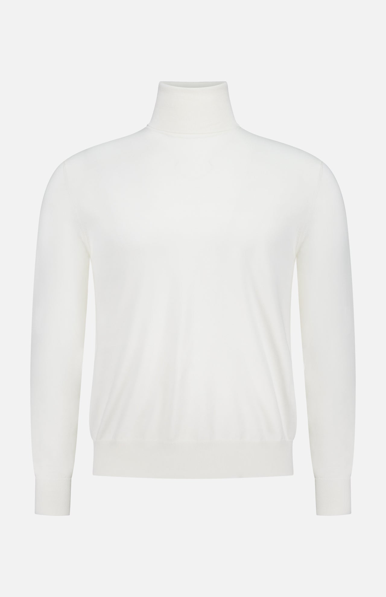 The Cotton Jersey Turtleneck Sweater by RALPH LAUREN PURPLE LABEL is a plain white long-sleeve cotton jersey with a fitted neckline, ribbed cuffs and hem, shown on a white background.