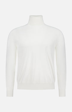 The Cotton Jersey Turtleneck Sweater by RALPH LAUREN PURPLE LABEL is a plain white long-sleeve cotton jersey with a fitted neckline, ribbed cuffs and hem, shown on a white background.