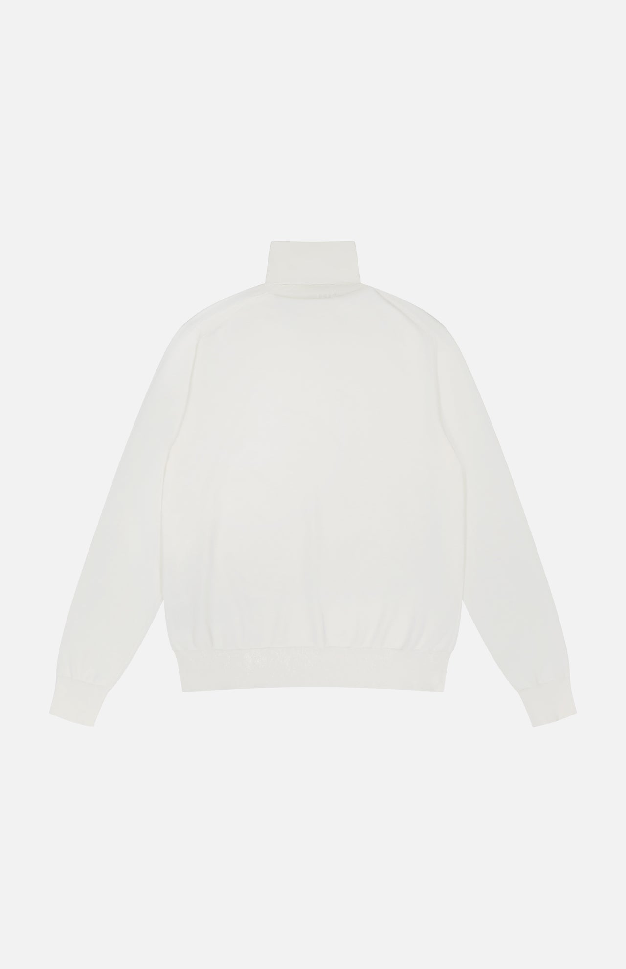The Cotton Jersey Turtleneck Sweater by RALPH LAUREN PURPLE LABEL is a plain white, long-sleeve design with a high collar, ribbed cuffs, and waistband, shown flat on a light background to highlight the back view.