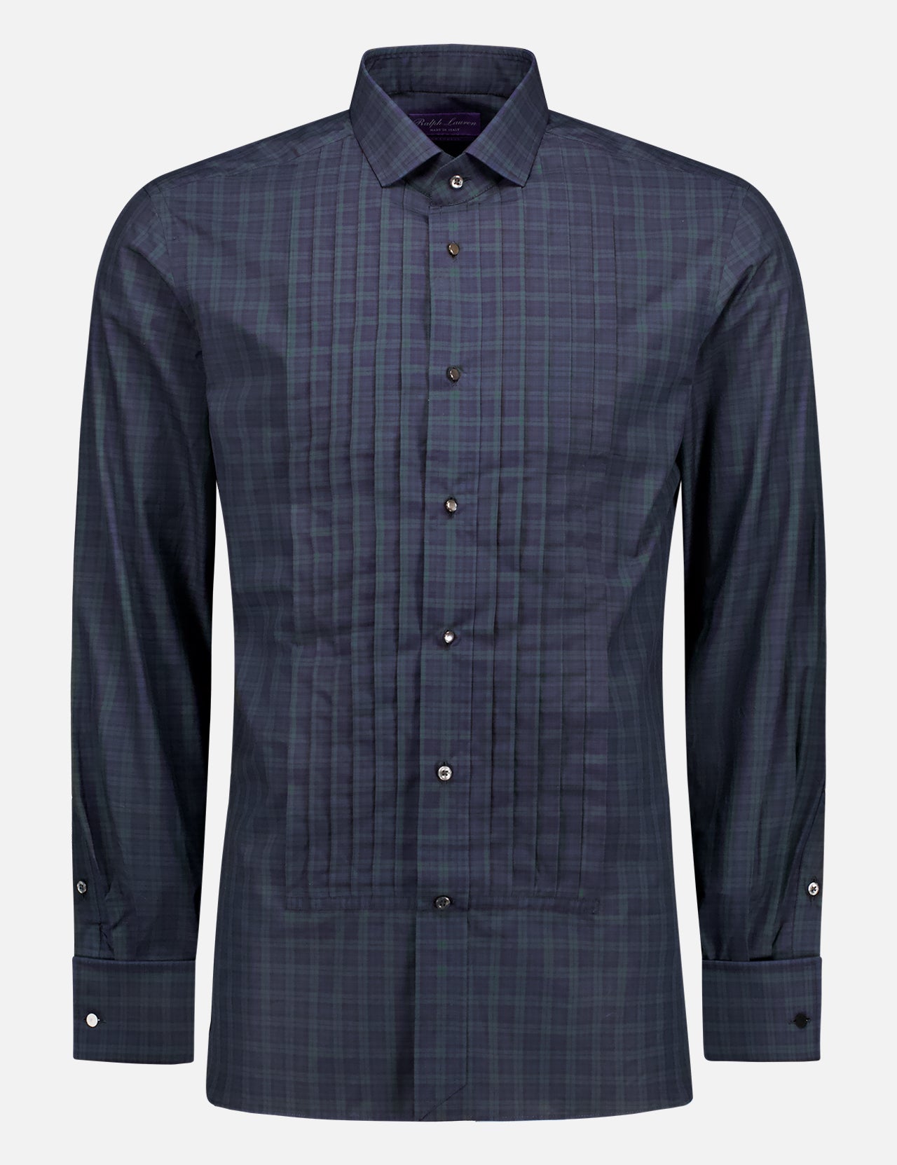 The RALPH LAUREN PURPLE LABEL Cotton Poplin Tartan Long Sleeve Dress Shirt features a dark blue and green plaid, pleated front, pointed collar, and buttoned cuffs, shown against a plain light background.
