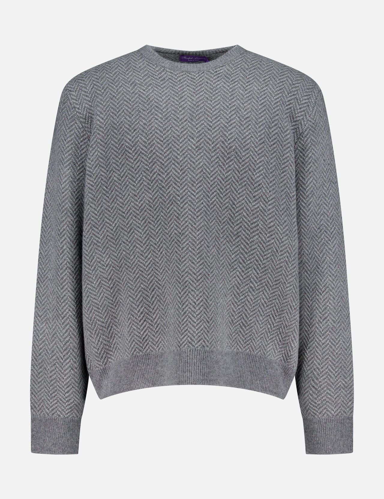 The Herringbone Textured Crewneck Sweater by RALPH LAUREN PURPLE LABEL features a gray cashmere knit with a subtle herringbone pattern, ribbed cuffs, hem, and neckline. Made in Italy and shown against a white background.