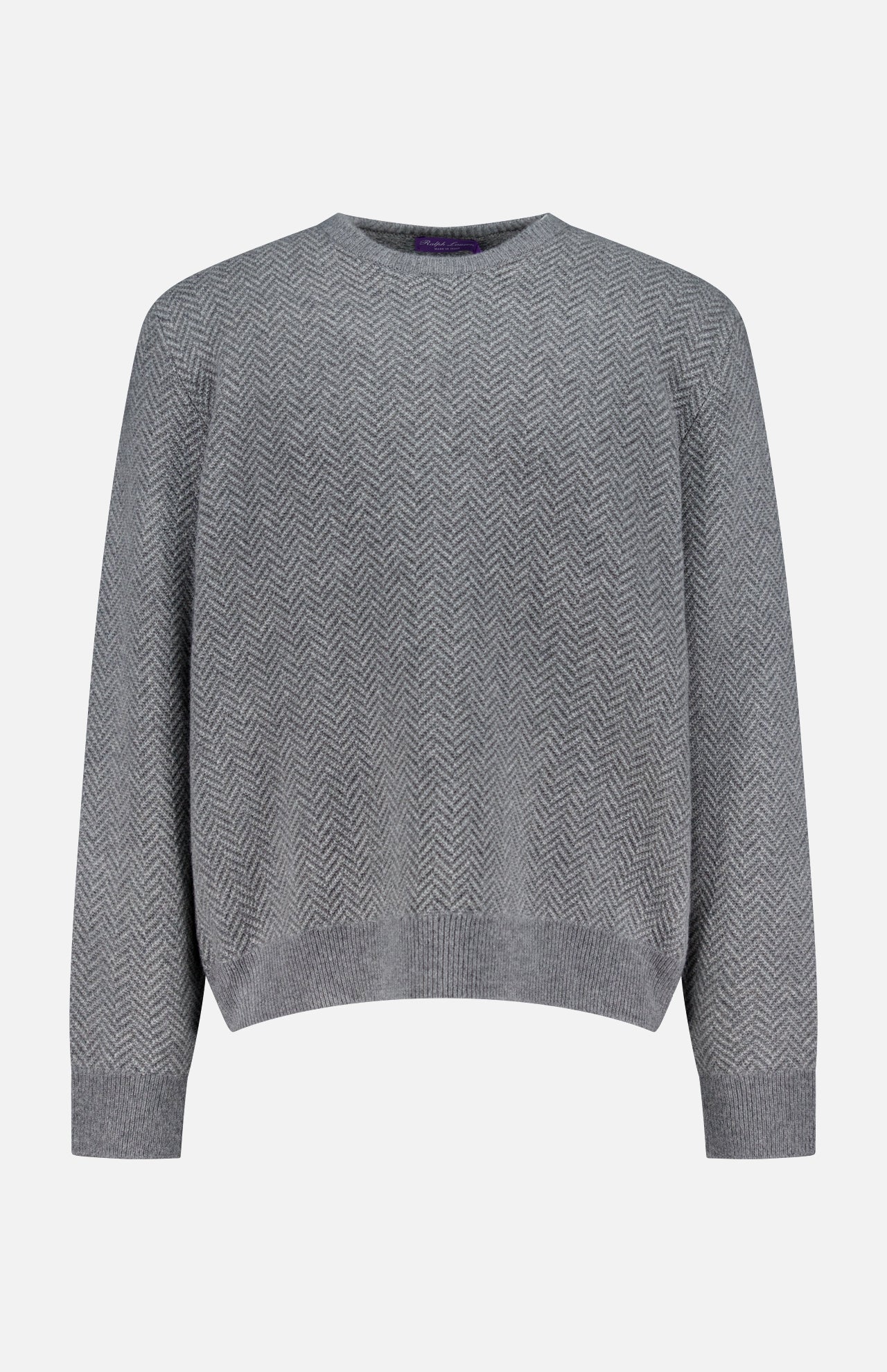 The Herringbone Textured Crewneck Sweater by RALPH LAUREN PURPLE LABEL features a gray cashmere knit with a subtle herringbone pattern, ribbed cuffs, hem, and neckline. Made in Italy and shown against a white background.