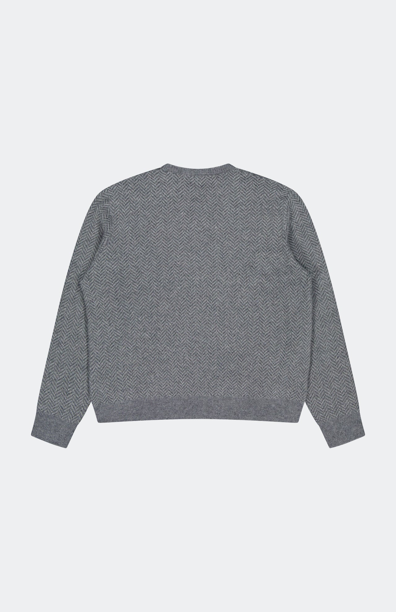 The Herringbone Textured Crewneck Sweater by RALPH LAUREN PURPLE LABEL is a gray, Italian-made cashmere piece shown from the back, featuring ribbed cuffs and hem and a subtle herringbone pattern.