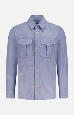 The Lux Suede Barron Unlined Overshirt by RALPH LAUREN PURPLE LABEL features light purple suede, long sleeves, buttoned chest pockets, and tan front buttons. Expertly crafted in Italy and shown on a plain white background.