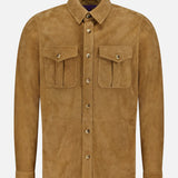 RALPH LAUREN PURPLE LABEL Barron Lux Suede Overshirt in tan, featuring a pointed collar, two chest pockets, and button-down styling crafted in Italy.