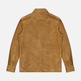Back view of a tan RALPH LAUREN PURPLE LABEL Barron Lux Suede Overshirt featuring long sleeves and buttoned cuffs.