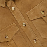 RALPH LAUREN PURPLE LABEL Barron Lux Suede Overshirt in tan lamb suede, featuring long sleeves, a button-front closure, two chest pockets, and horn-style buttons.