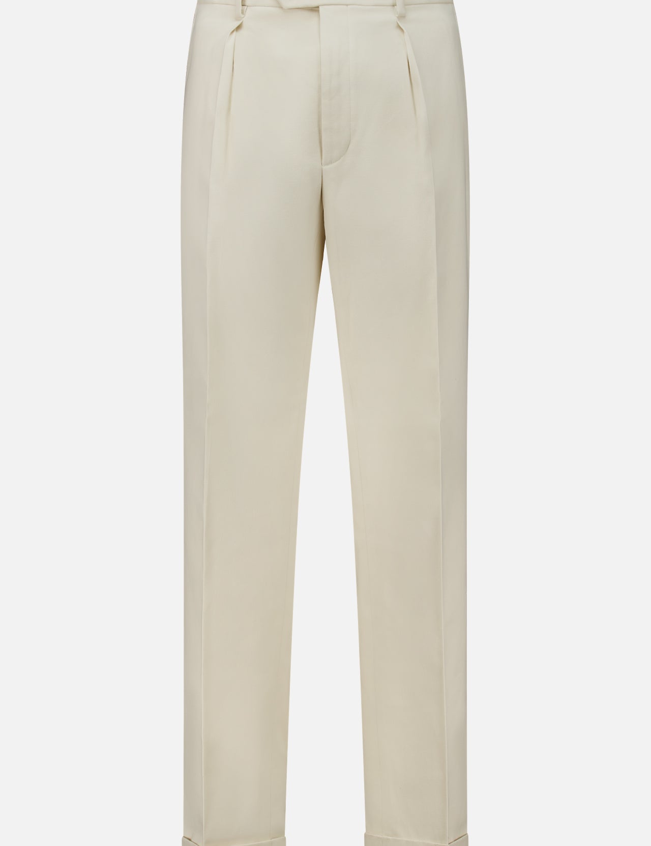 Ralph Lauren Purple Label Brushed Cotton Pleated Trouser Pants in off-white, featuring pleats, a button fly, and cuffed hems.