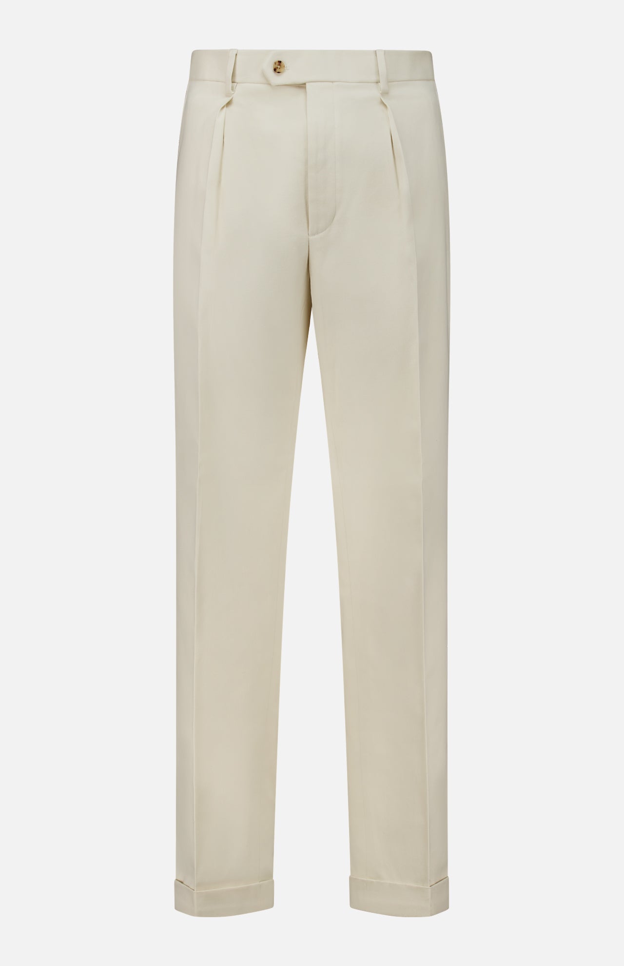 Ralph Lauren Purple Label Brushed Cotton Pleated Trouser Pants in off-white, featuring pleats, a button fly, and cuffed hems.