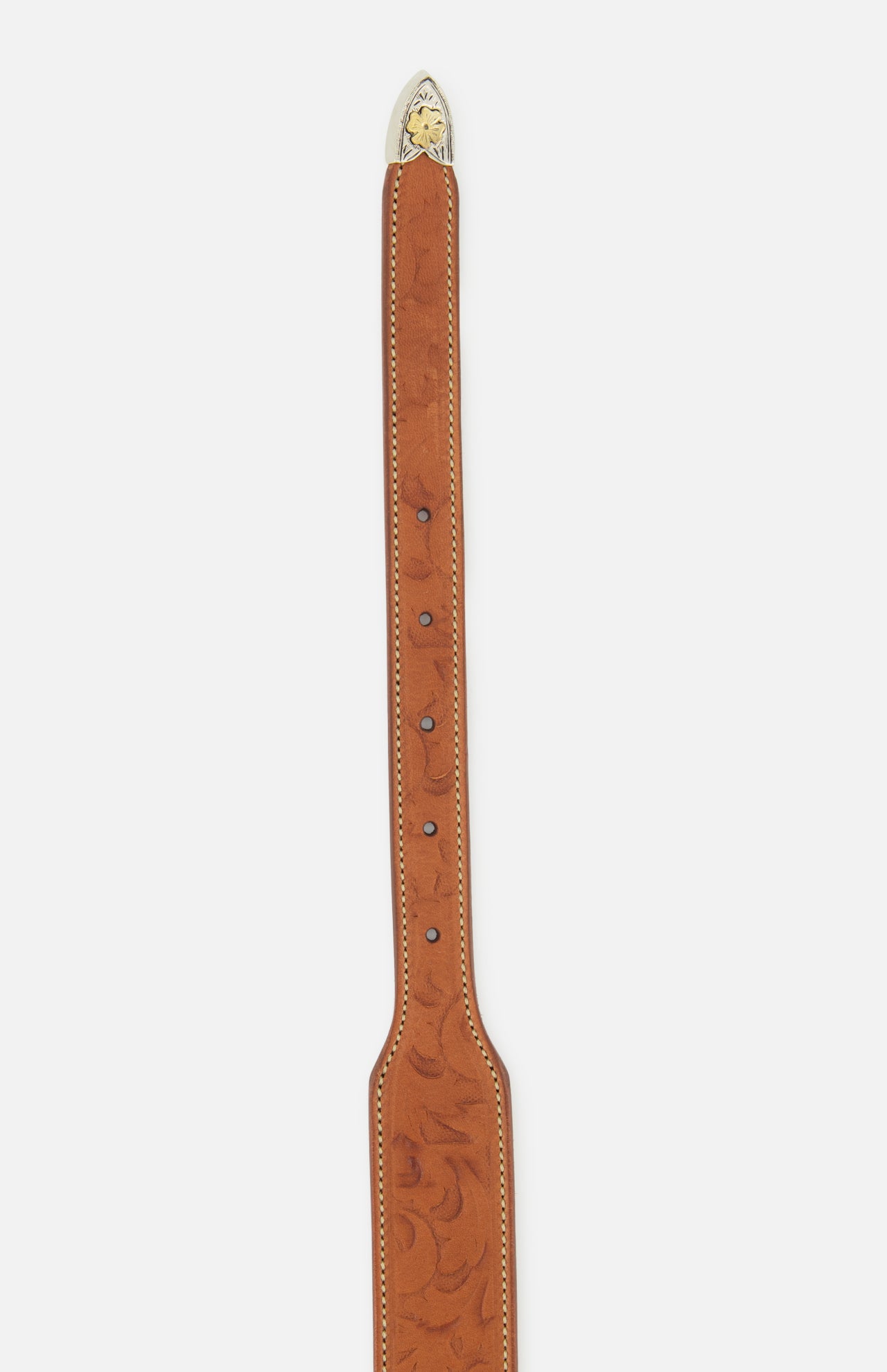 Ralph Lauren Purple Label Western Vacchetta Belt in light brown leather with a patterned texture, contrast stitching, and intricate metal hardware featuring a floral design on the tip.