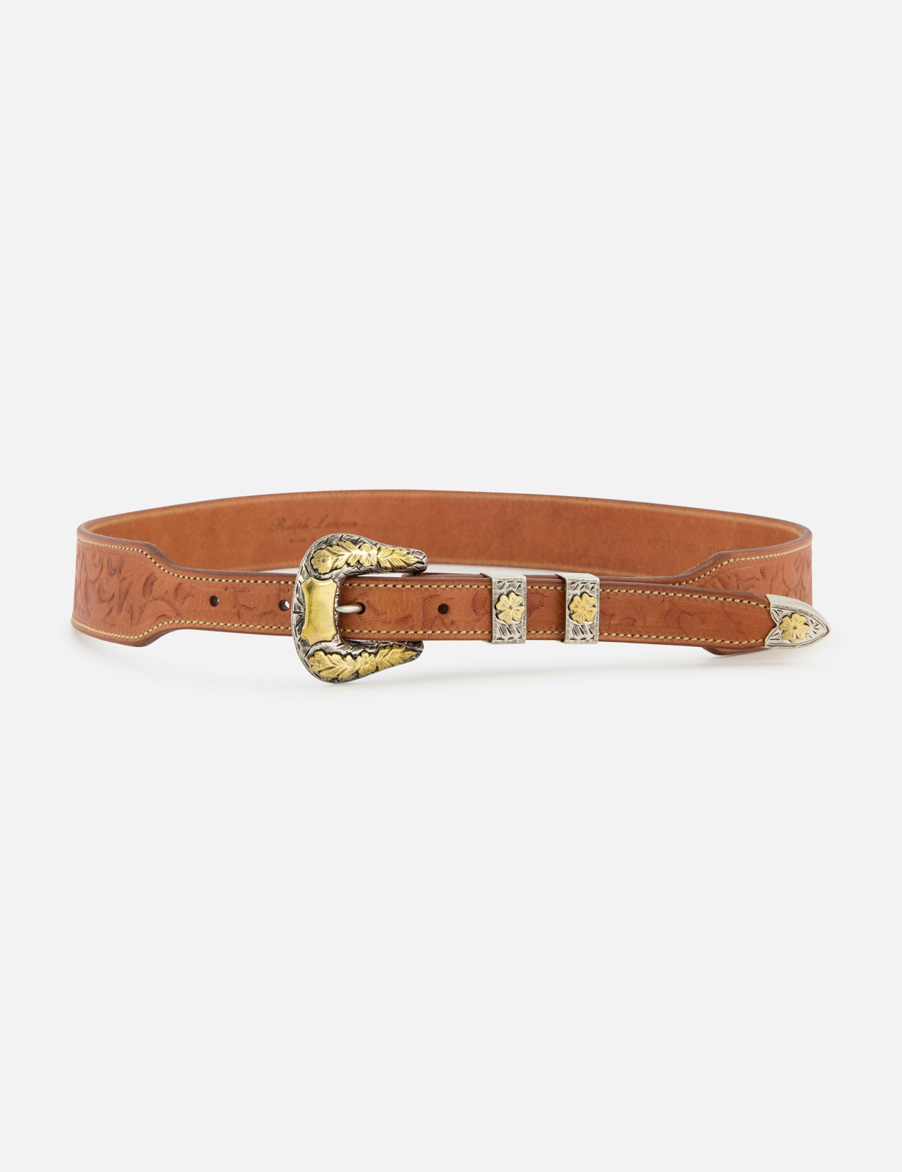 Ralph Lauren Purple Label Western Vacchetta Belt in tan leather, featuring embossed floral patterns and an intricate gold and silver-toned engraved buckle, keeper, and tip.