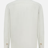 Back view of the Calloway Suede Knit Overshirt by RALPH LAUREN PURPLE LABEL, a long-sleeve, light-colored shirt jacket featuring a collar and buttoned cuffs, expertly displayed against a plain white background. This piece showcases exceptional Italian craftsmanship with no visible patterns or logos.