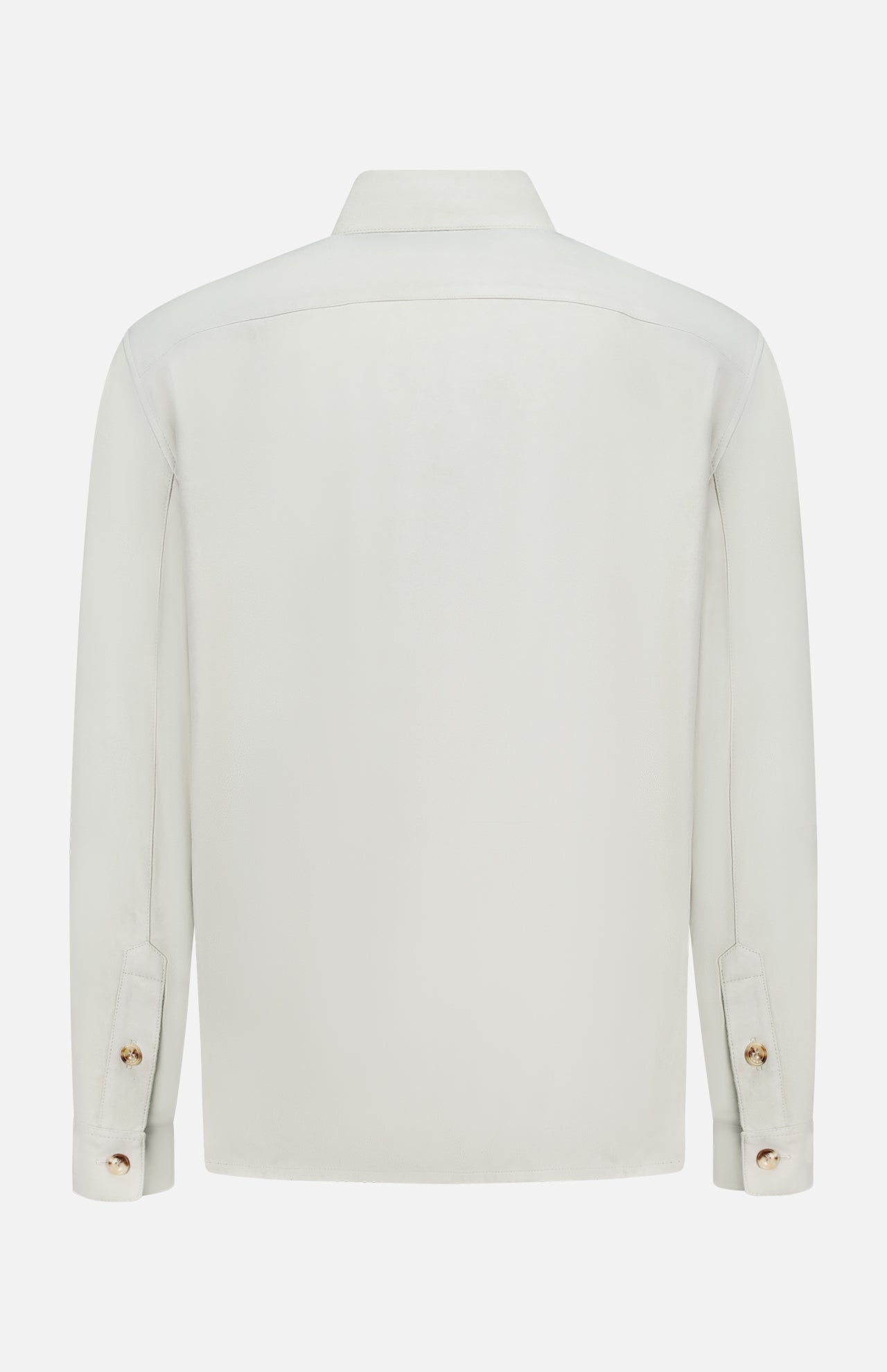 Back view of the Calloway Suede Knit Overshirt by RALPH LAUREN PURPLE LABEL, a long-sleeve, light-colored shirt jacket featuring a collar and buttoned cuffs, expertly displayed against a plain white background. This piece showcases exceptional Italian craftsmanship with no visible patterns or logos.