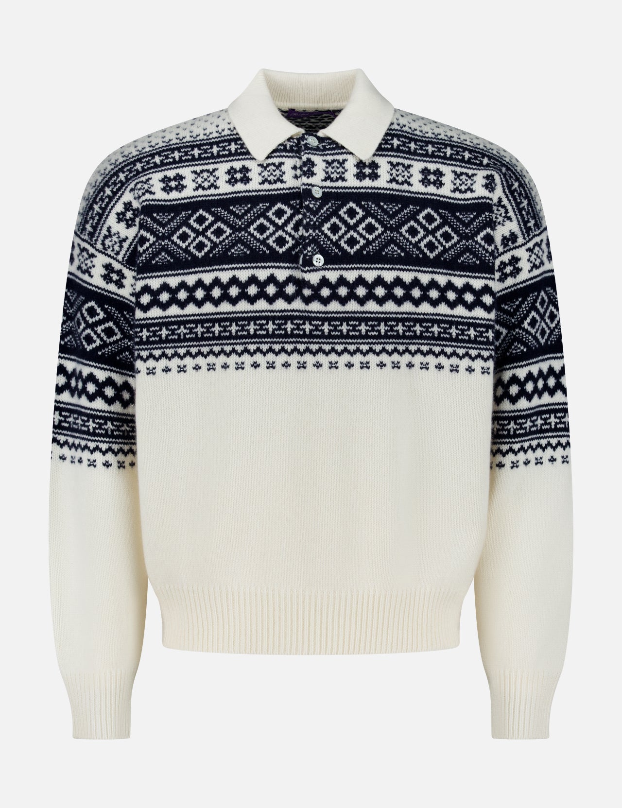 Introducing the Cash Holiday Pattern Polo Sweater by RALPH LAUREN PURPLE LABEL: expertly crafted in Italy from luxurious cashmere, this cream sweater showcases a sophisticated navy blue Fair Isle pattern across the chest, shoulders, and sleeves. The design is finished with a refined collar, long ribbed cuffs, and elegant Mother of Pearl buttons for an elevated touch.