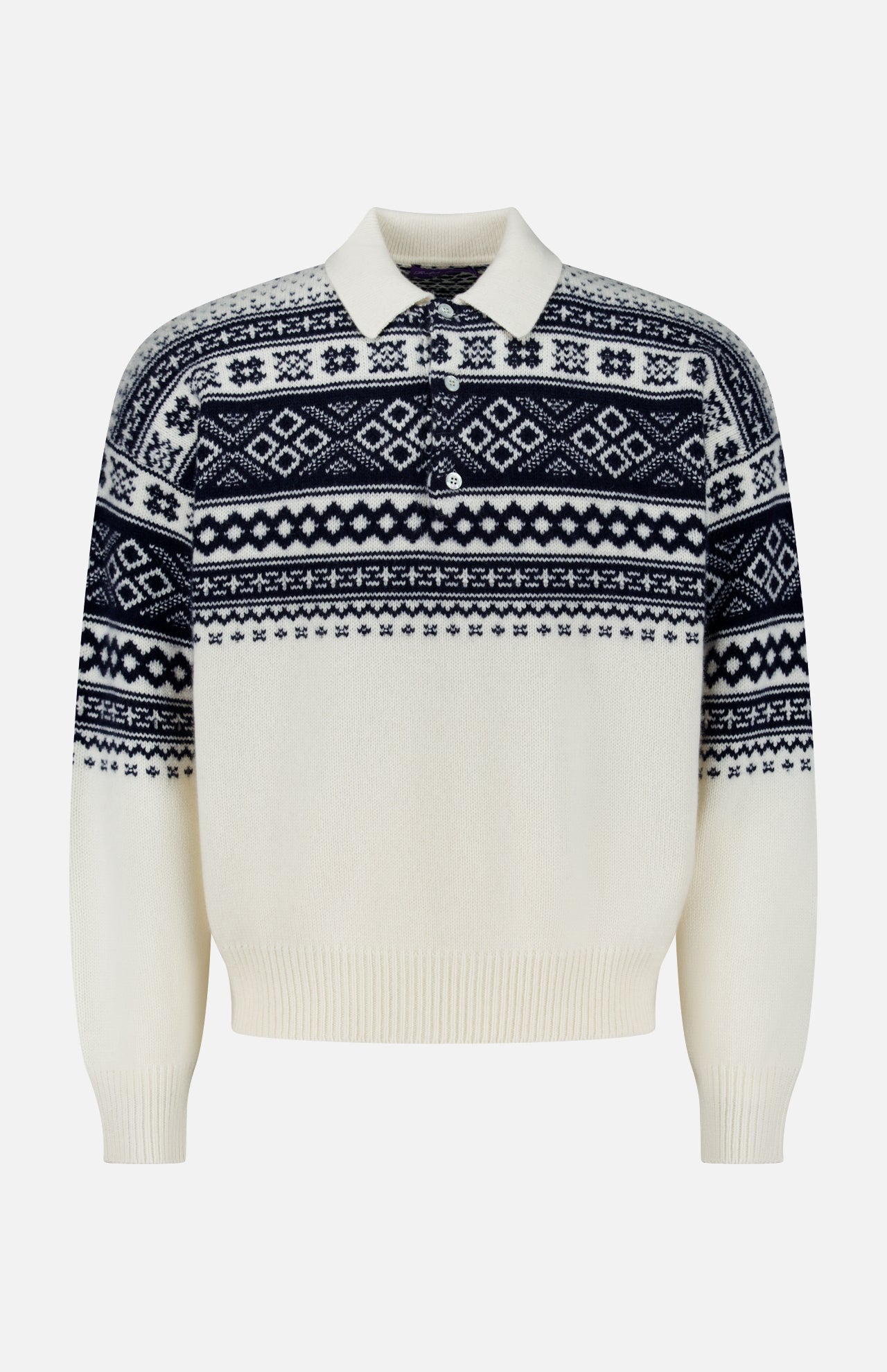 Introducing the Cash Holiday Pattern Polo Sweater by RALPH LAUREN PURPLE LABEL: expertly crafted in Italy from luxurious cashmere, this cream sweater showcases a sophisticated navy blue Fair Isle pattern across the chest, shoulders, and sleeves. The design is finished with a refined collar, long ribbed cuffs, and elegant Mother of Pearl buttons for an elevated touch.