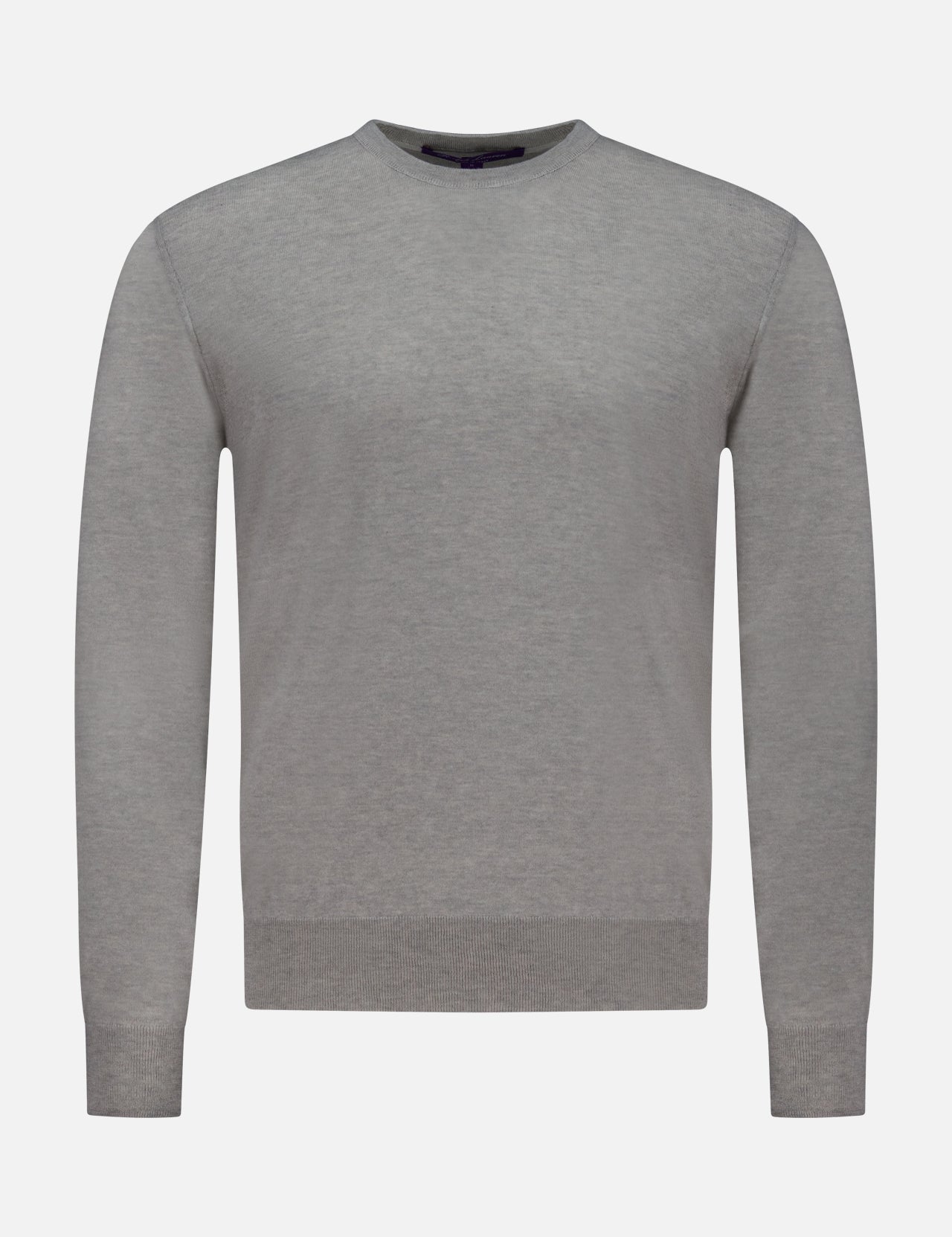 The RALPH LAUREN PURPLE LABEL Cashmere Crewneck Pullover Sweater, shown against a white background, features a plain light gray design with ribbed cuffs, hem, and collar. Expertly crafted in Italy, this long-sleeve sweater offers timeless simplicity and elegance.