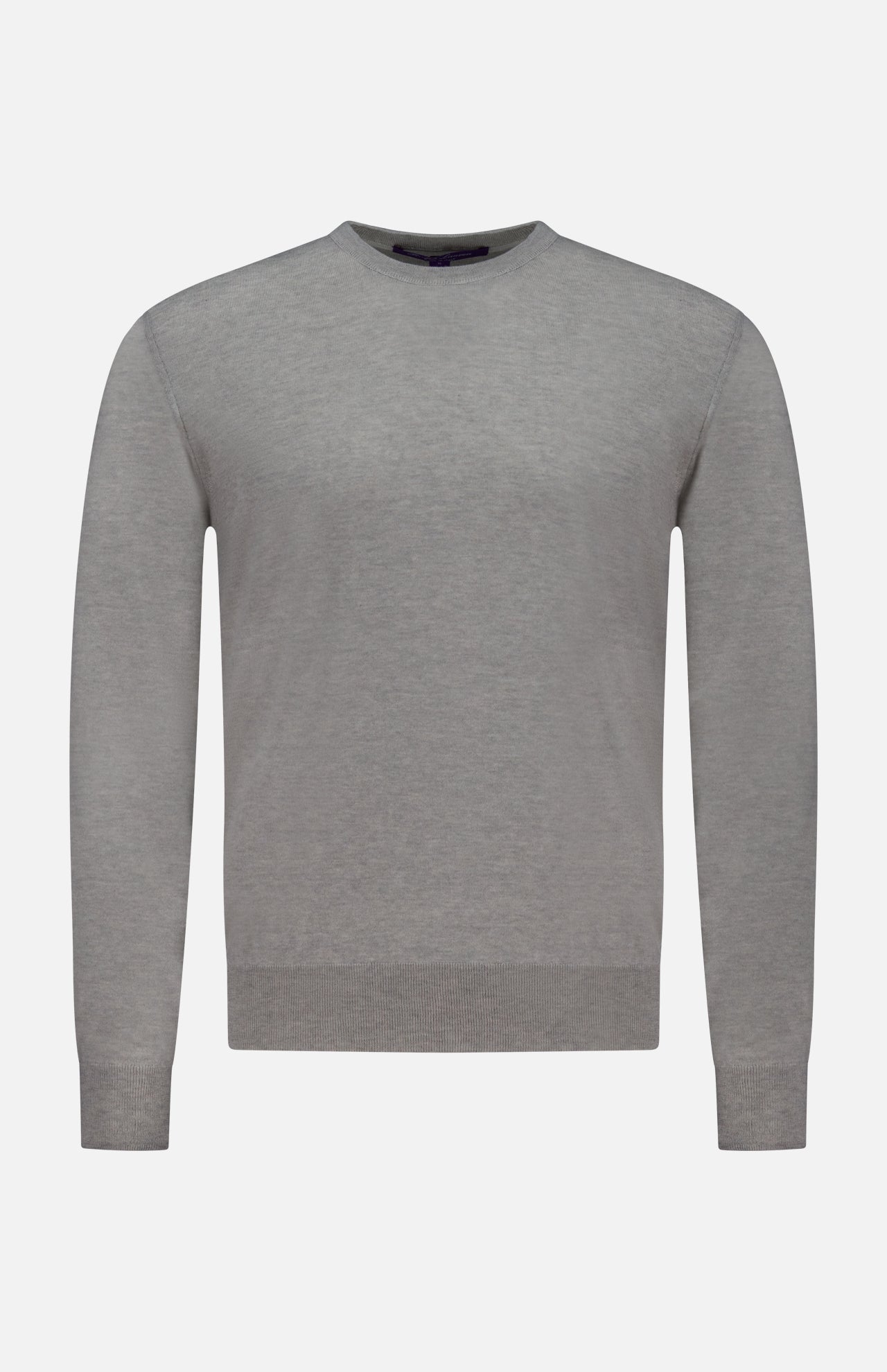 The RALPH LAUREN PURPLE LABEL Cashmere Crewneck Pullover Sweater, shown against a white background, features a plain light gray design with ribbed cuffs, hem, and collar. Expertly crafted in Italy, this long-sleeve sweater offers timeless simplicity and elegance.
