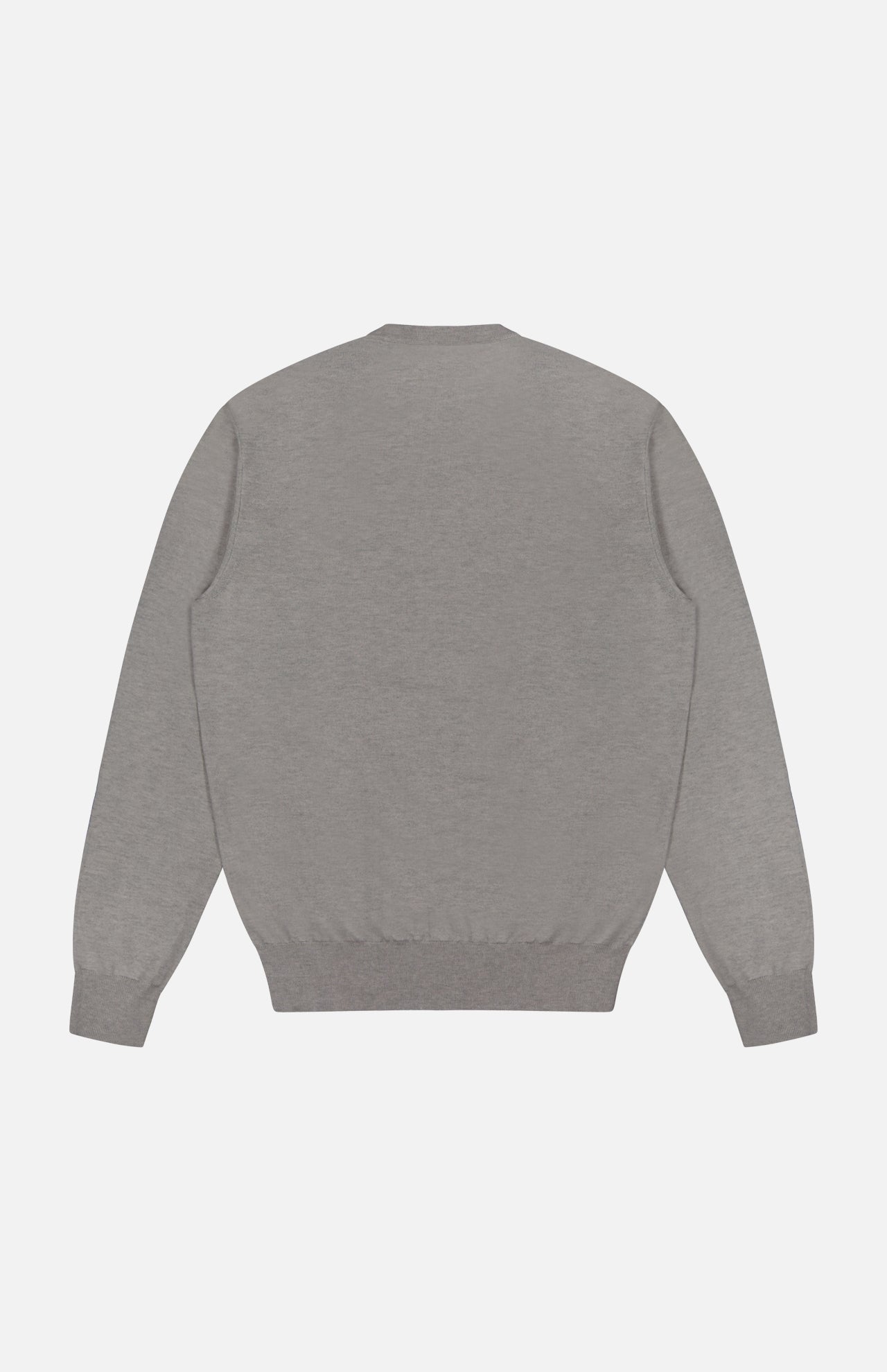 A plain grey Cashmere Crewneck Pullover Sweater by RALPH LAUREN PURPLE LABEL is shown from the back, featuring long sleeves, ribbed cuffs, and a ribbed waistband against a white background. Expertly made in Italy for timeless quality and comfort.
