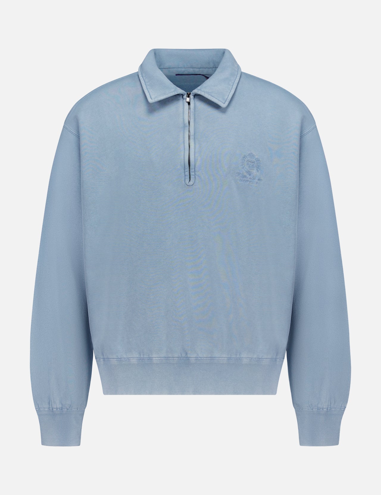Introducing the RALPH LAUREN PURPLE LABEL Cashmere Long Sleeve Quarter Zip Polo Sweatshirt in pale blue. This men’s casual sweatshirt showcases a half-zip collar, ribbed cuffs and hem, and a refined embroidered logo on the left chest. Crafted from a soft cotton cashmere blend, this pullover offers a comfortable, relaxed fit that’s ideal for everyday wear.