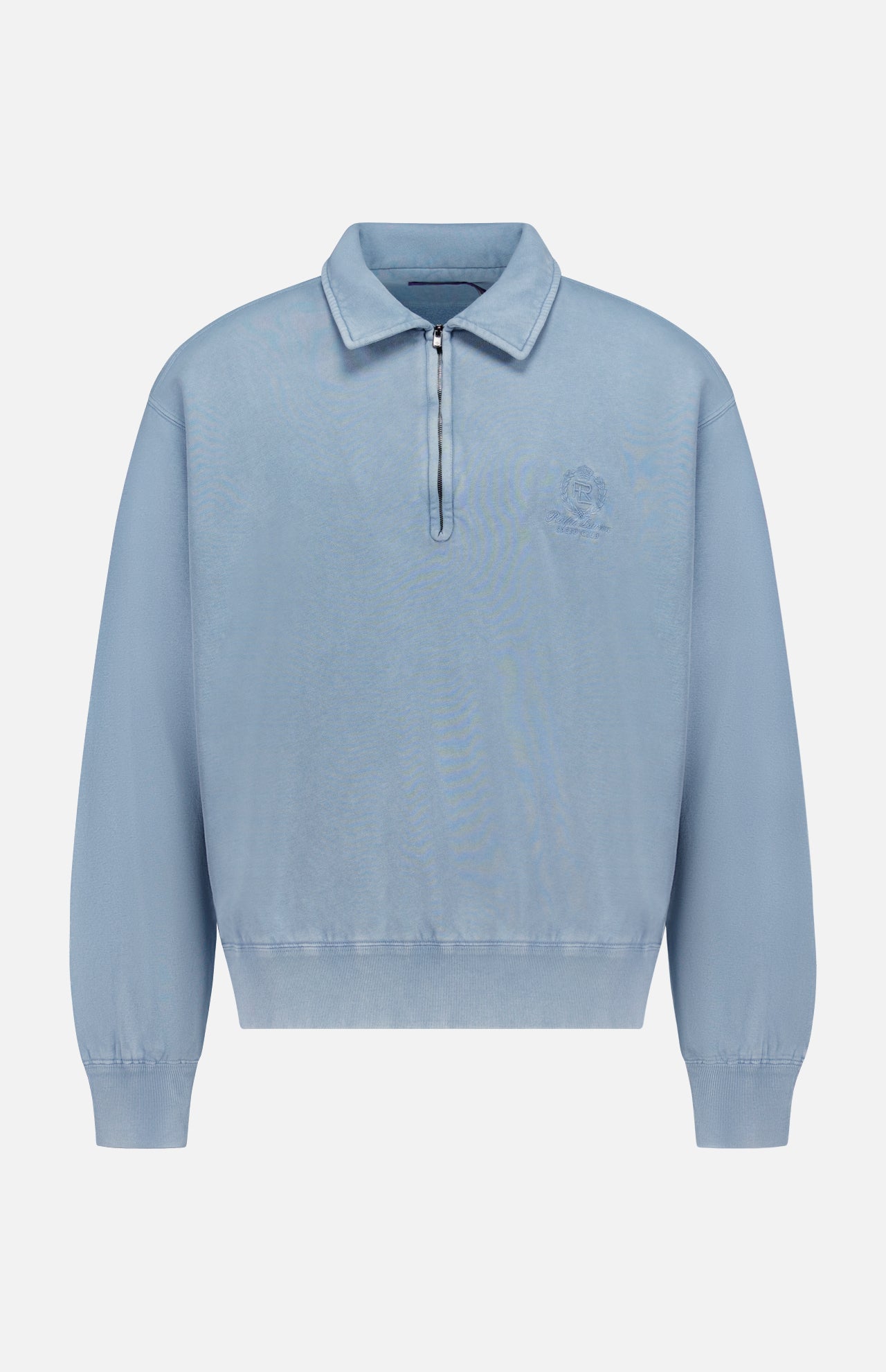 Introducing the RALPH LAUREN PURPLE LABEL Cashmere Long Sleeve Quarter Zip Polo Sweatshirt in pale blue. This men’s casual sweatshirt showcases a half-zip collar, ribbed cuffs and hem, and a refined embroidered logo on the left chest. Crafted from a soft cotton cashmere blend, this pullover offers a comfortable, relaxed fit that’s ideal for everyday wear.