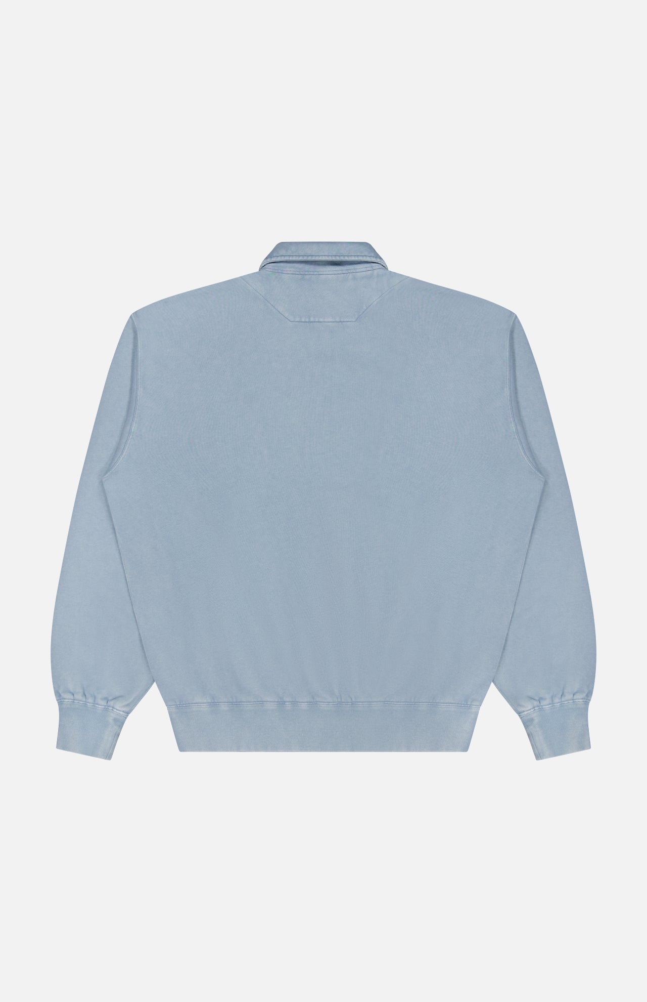 The RALPH LAUREN PURPLE LABEL Cashmere Long Sleeve Quarter Zip Polo Sweatshirt is shown from the back in light blue, featuring a collared neckline, ribbed cuffs and waistband, and a simple, minimal design against a plain white background.
