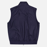 The Compact Unlined Cashmere Vest by RALPH LAUREN PURPLE LABEL is a men’s navy Italian-made piece, featuring a collar, smooth texture, and elastic waistband, shown from the back.