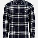 RALPH LAUREN PURPLE LABEL Cooper Cotton Flannel Sport Shirt in a navy and cream plaid pattern, featuring long sleeves, a button-up front, and two chest pockets.