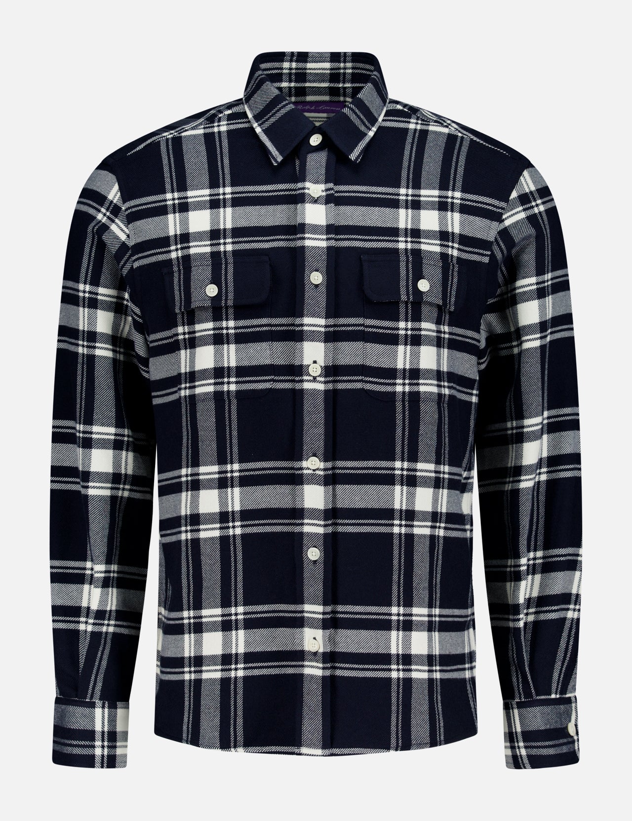 RALPH LAUREN PURPLE LABEL Cooper Cotton Flannel Sport Shirt in a navy and cream plaid pattern, featuring long sleeves, a button-up front, and two chest pockets.