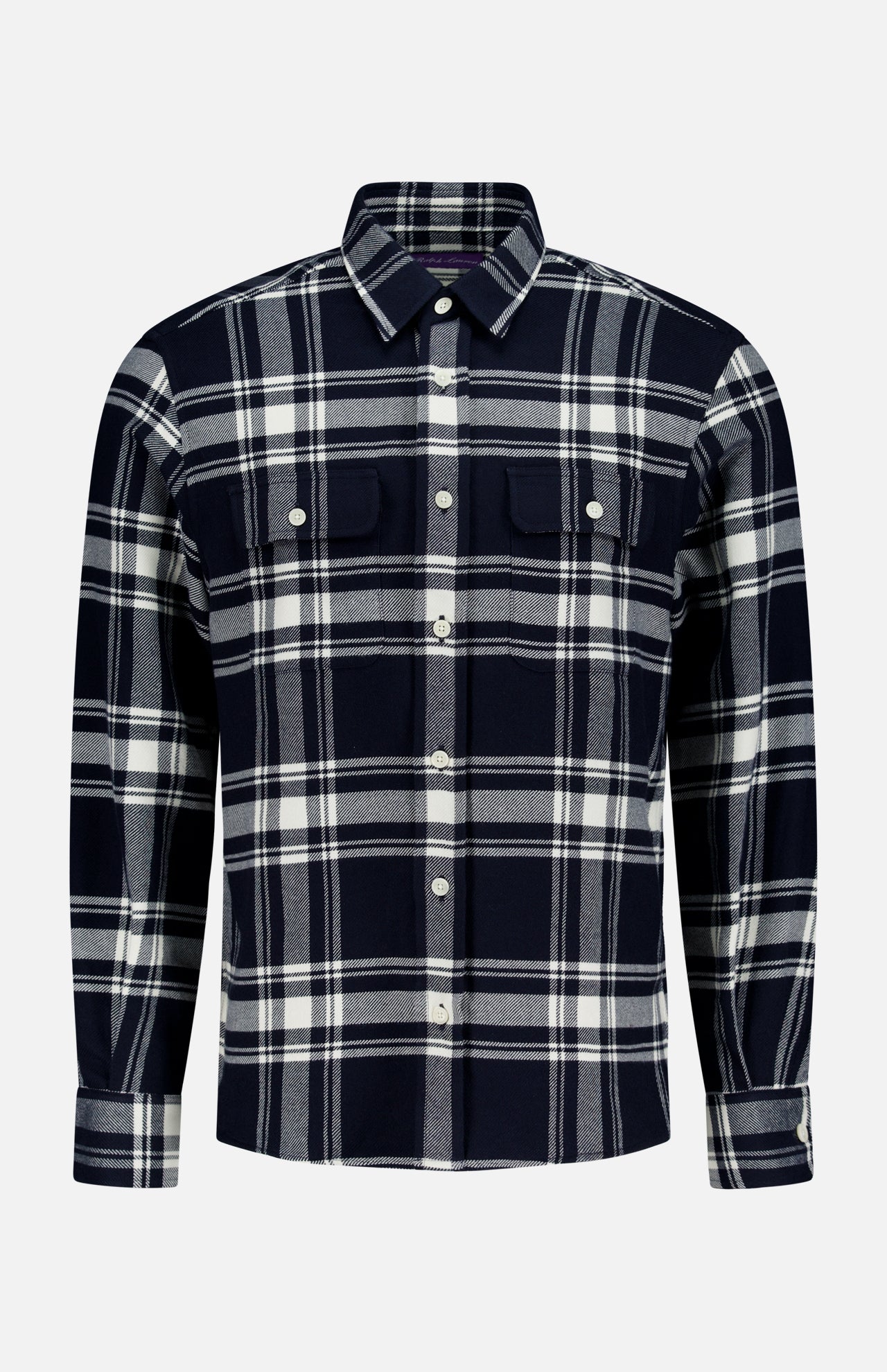 RALPH LAUREN PURPLE LABEL Cooper Cotton Flannel Sport Shirt in a navy and cream plaid pattern, featuring long sleeves, a button-up front, and two chest pockets.