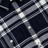 RALPH LAUREN PURPLE LABEL Cooper Cotton Flannel Sport Shirt in a navy and cream plaid Italian cotton flannel with two chest pockets.