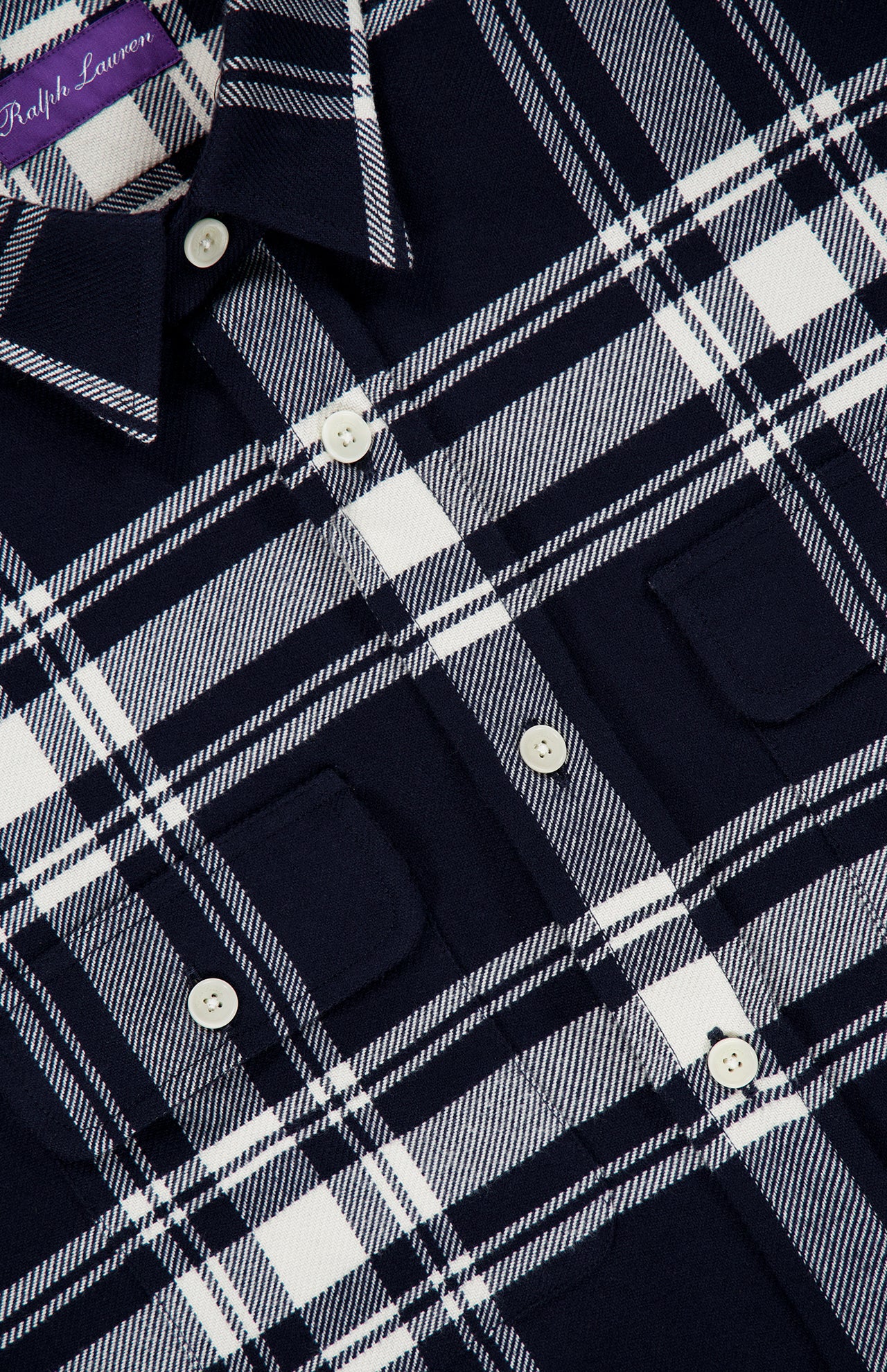 RALPH LAUREN PURPLE LABEL Cooper Cotton Flannel Sport Shirt in a navy and cream plaid Italian cotton flannel with two chest pockets.