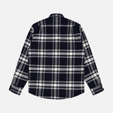 Back view of a navy and cream plaid Cooper Cotton Flannel Sport Shirt by Ralph Lauren Purple Label, crafted in soft cotton flannel with long sleeves.