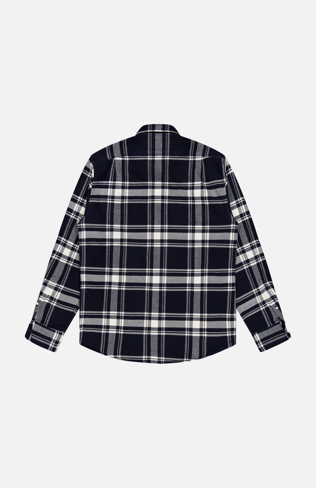 Back view of a navy and cream plaid Cooper Cotton Flannel Sport Shirt by Ralph Lauren Purple Label, crafted in soft cotton flannel with long sleeves.